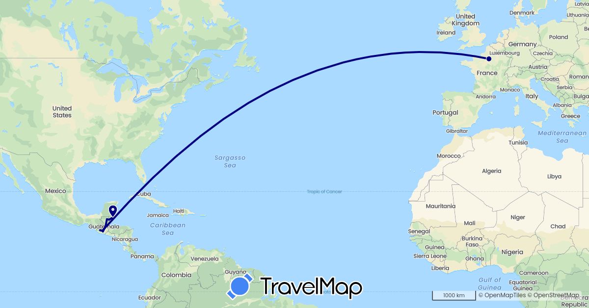 TravelMap itinerary: driving in Belize, France, Guatemala (Europe, North America)
